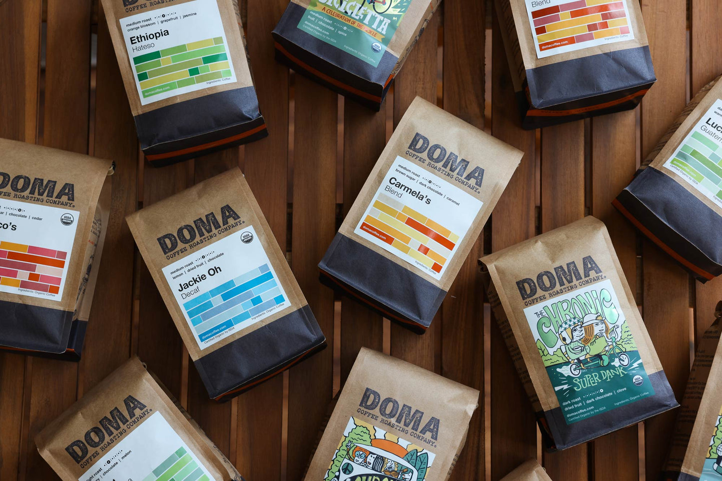 Bags of DOMA coffee
